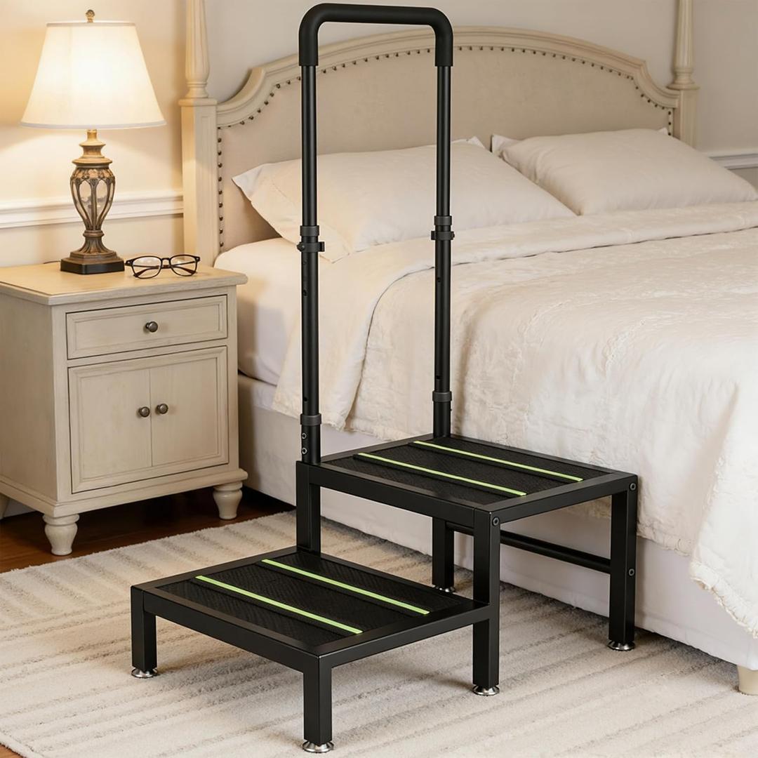 2 Step Stool with Handle, Heavy Duty Step Stool for Elderly and Adults, Adjustable Handrail with Non-Slip Platform, Bedside Steps for High Beds, Kitchen and Bathroom, Black