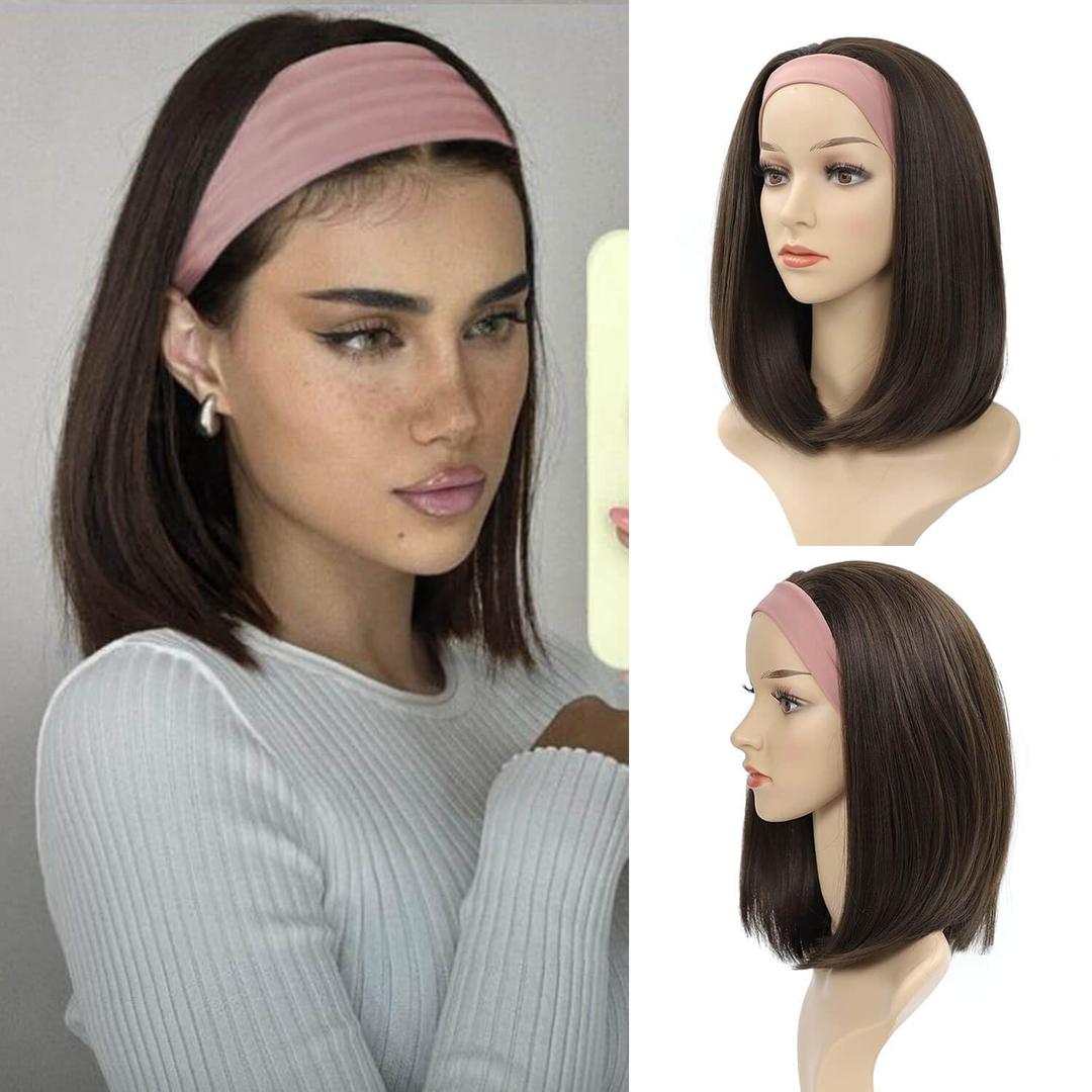 Headband Wigs for White Women Short Brown Wig 180% Density Short Bob Wigs for Women Shoulder Length Dark Brown Headband Wig for Girls 180 Density None Lace Synthetic Cosplay Wigs 12 Inch (Pack of 1)