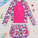 Mioglrie Girls Swimsuit Teen Bathing Suits Long Sleeve Girls' Swimwear Zipper Kids 2 Piece Tankini Swim Suit for Girl