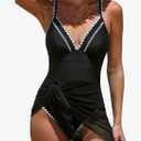 popvil Women's One Piece Swimdress 2026 V Neck Tummy Control Swimsuit with Mesh Skirt Sexy Bathing Suit, Black, XL