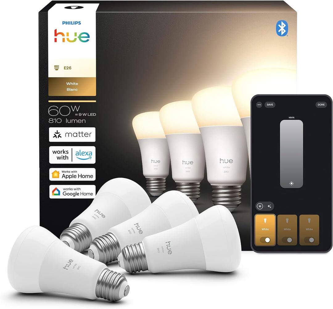 Philips Hue Smart LED A19 Bulb 4-Pack, Warm White Light 2700K, E26 Base, 9W, 810 Lumens, Dimmable LED Bulbs, Works with Alexa, Google Assistant, and Apple Home