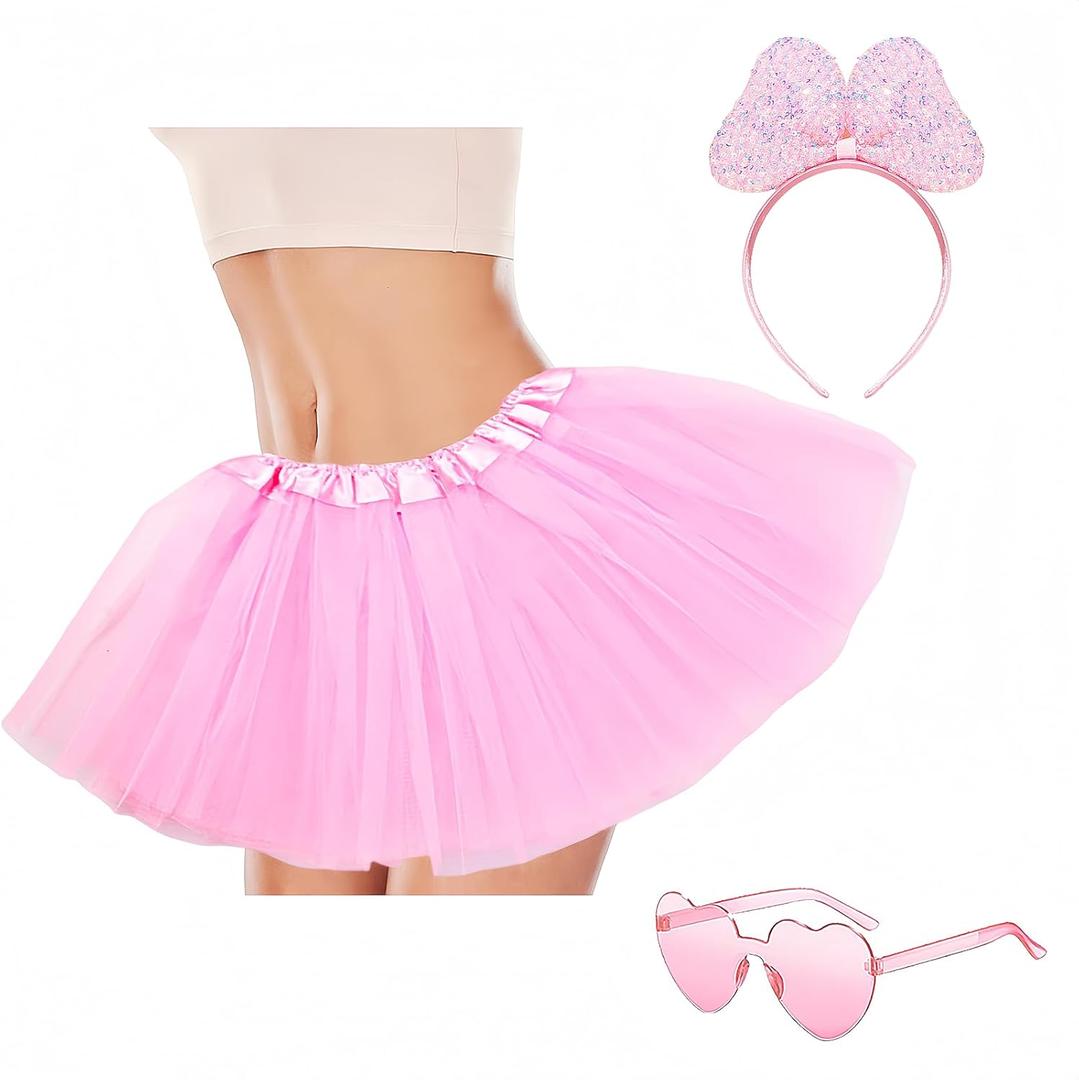 Tutus for Women & Teen-Girls Adult Tutu Skirt with Sequin Bow Headband, 80S Princess Dance Tutu for Party Costume (US, Alpha, One Size, Medium, Regular, Short, Pink)