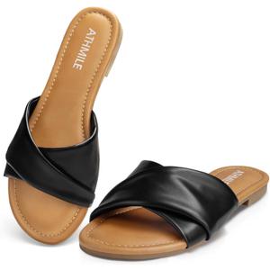 ATHMILE Sandals Women Dressy Summer Flat Comfortable Fashion Beach Cute Ladies Slides Leather Casual Dress Women's Sandals 2025 Size 6-11 (7, Black)
