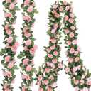 Aneco 4 Pack 32 FT Pink Flower Artificial Rose Vines Roses Fake Vine Flowers Plants Party Supplies for Holiday Wedding Garden Craft Art Decoration