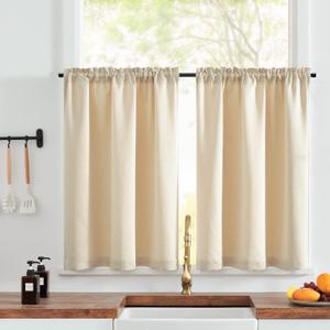 jinchan Faux Linen Kitchen Curtains 24 Inch Length Farmhouse Tier Curtains Privacy Cafe Light Reducing Short Window Drapes for Bathroom Laundry Room Rod Pocket 2 Panels Light Tan