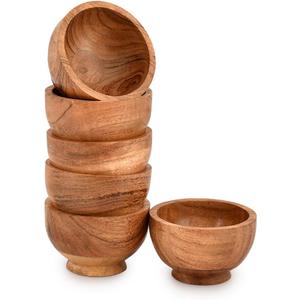Bowl Set Acacia Wood Set of 6 Hand carved wooden Kitchen Mini Cups for dipping sauce, salsa, Prep, salt & Condiments (3" X 3" X 2")