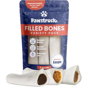 Pawstruck Large 5-6 Filled Dog Bones Variety Pack - Peanut Butter, Cheese & Bacon, Beef Flavors - Made in USA, Long Lasting Stuffed Femur Treat for Aggressive Chewers - Pack of 3, Packaging May Vary (EXP 04/28/28)