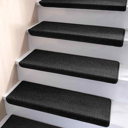 Brakki Bullnose Carpet Stair Treads, Non Slip for Wooden Steps Indoor, Runner, Soft Rugs for Pets, Edging Protectors, Washable, 29.5"x9.5"x1.5" 7 pcs, Black
