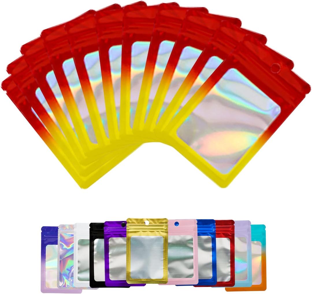 100 PCS Red Resealable Mylar Holographic Bags Food Storage Smell Proof Bags with Front Window Packaging Pouch for Cookies Sample Jewelry Snack, 3.15x5.51 Inch