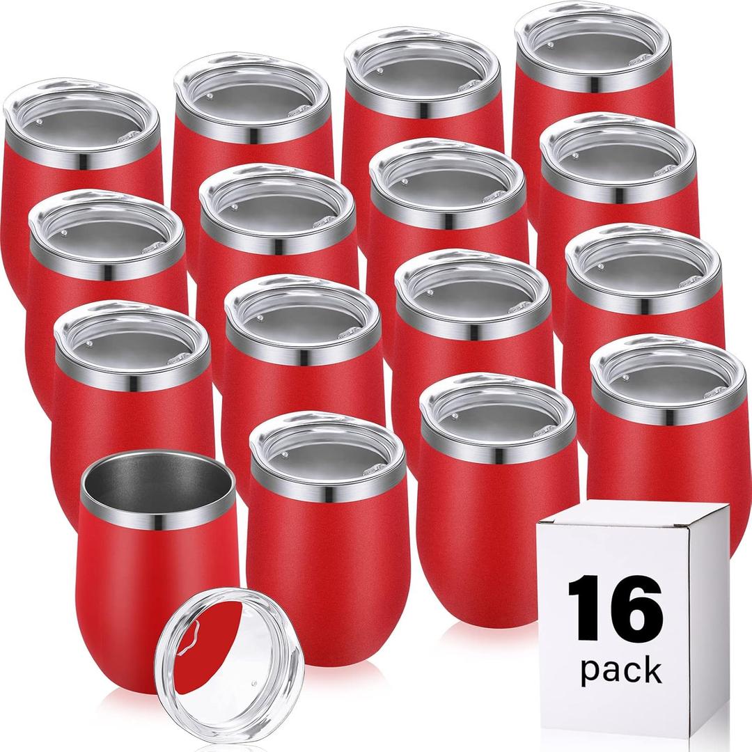 16 Pack Stainless Steel Wine Tumblers 12 oz Insulated Vacuum Wine Cup Set Double Wall Stainless Steel Stemless Mug Glasses for Coffee Soda Whiskey Outdoor Travel (Red)