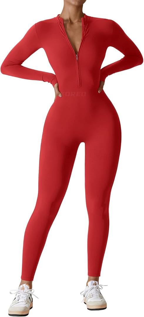 YEOREO Women Long Sleeve Workout Jumpsuit Zip Up Romper Bottom Pants Bodysuit Bodycon Sexy One Piece (Red, L)