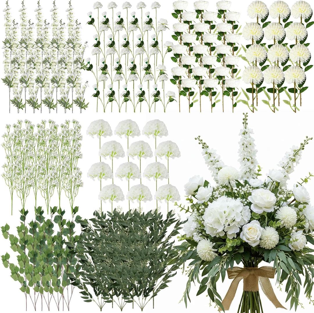 Suncalla 144 Pcs White Artificial Flower Bouquet Set 8 Kind with Long Stem