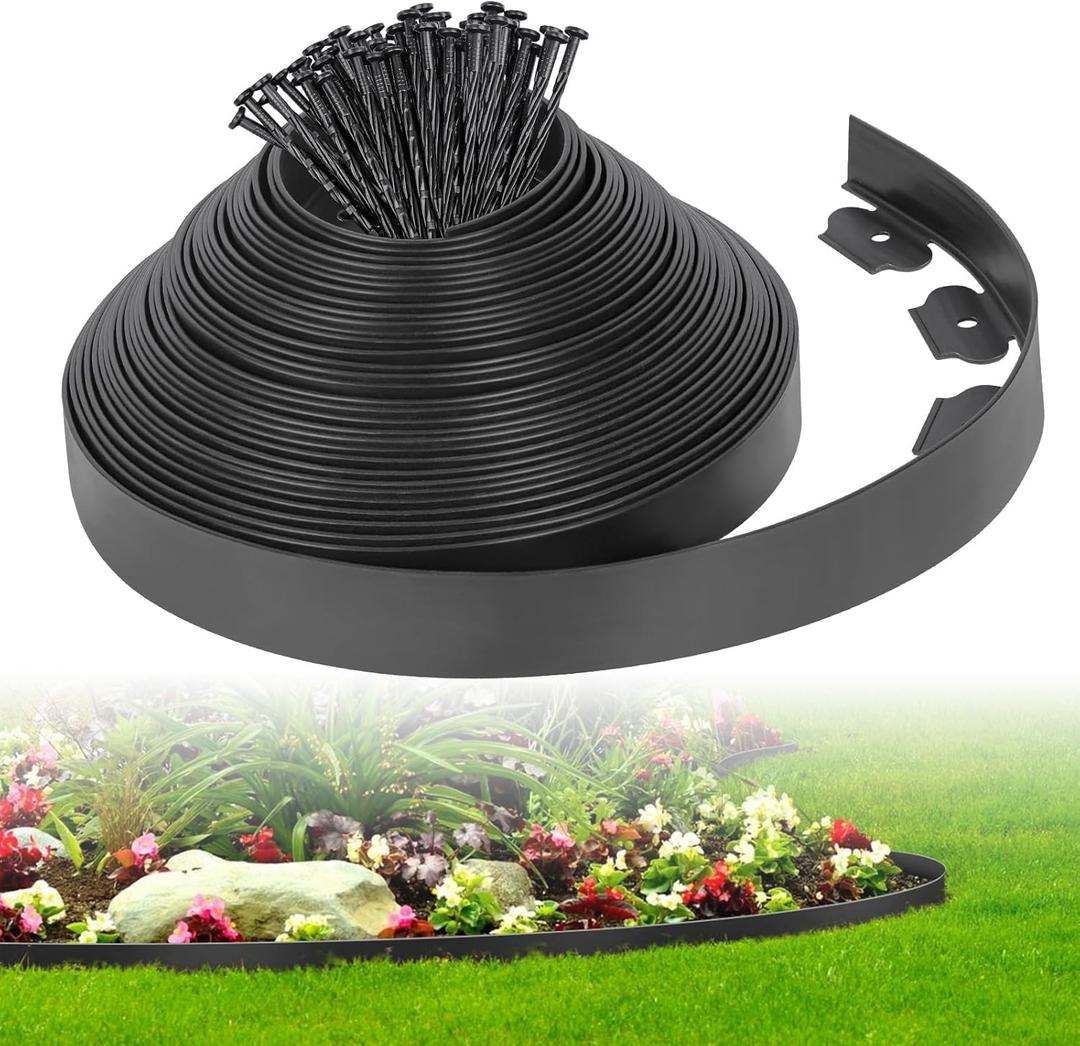 2-Inch x 50 FT Landscape Edging Border with 75 Spikes, Garden Edging Border Lawn Edging Border, Plastic Edging Border Flexible for Garden Flower Beds Lawn Yard Paver Pathway (Black)