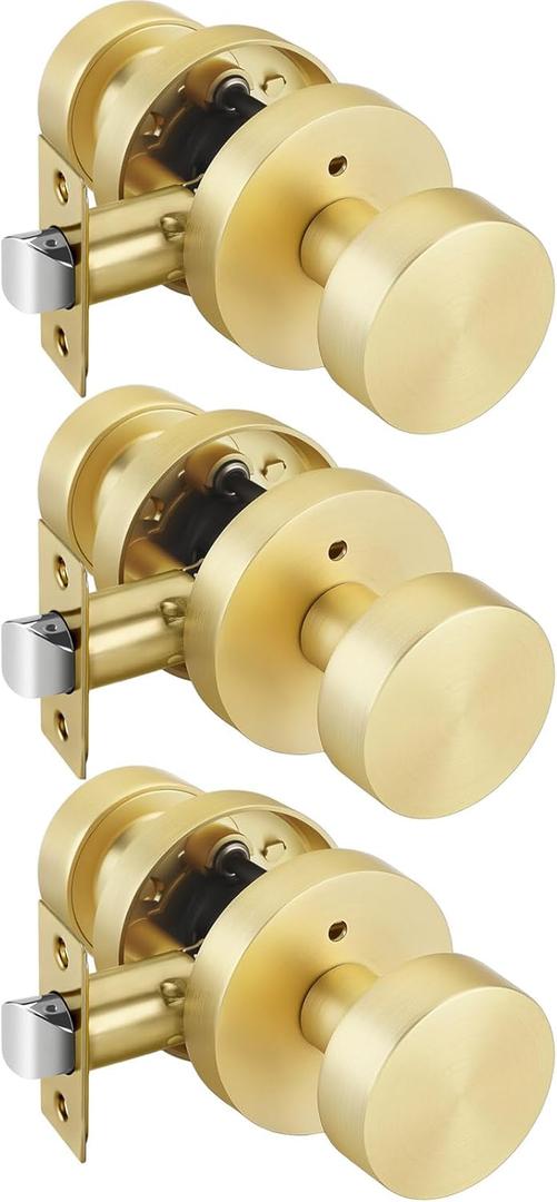 Goldenwarm Gold Door Knobs Interior Privacy, Zinc Alloy Keyless Brushed Gold Door Knobs for Bedroom Bathroom, Heavy Duty Interior Door Knob - Adjustable & Reversible (3 Pack)