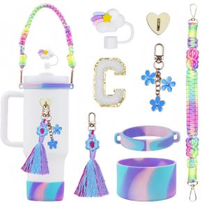 8Pcs Initial Stanley Cup Accessories Set for 40Oz 30Oz 20Oz - Teen Girls Gifts Tumbler Cup Decorations with Handle, Rainbow Straw Topper, Flower Charms, Silicone Boot and Letter Stickers C