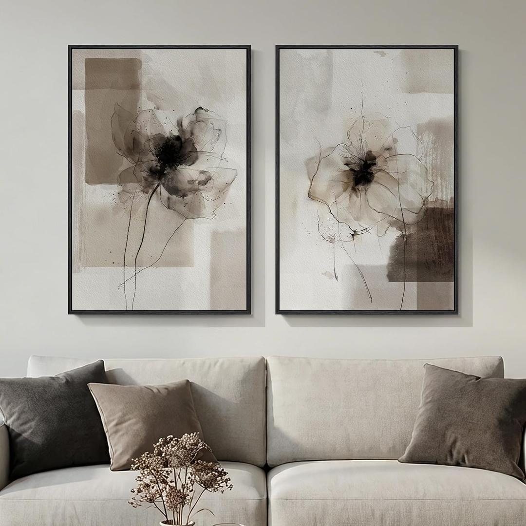 Framed Neutral Abstract Floral Wall Art for Living Room, Set of 2 Brown Modern Watercolor Canvas Artwork for Walls, Large Minimalist Prints Paintings for Bedroom Office Hallway Wall Decor, 24x36 Inch, Neutral Brown