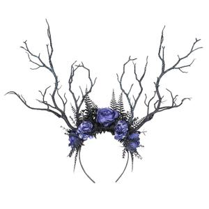 MOSTORY Handmade Black Branch Headband Gothic Woodland Antler Headpiece Fairy Forest Flower Crown for Women Girls Renaissance Halloween Elf Cosplay Party Photo Prop Blue