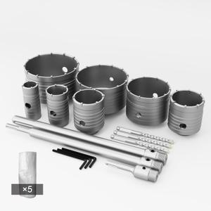 GSTK 7pcs Concrete Hole Saw Set (30mm, 40mm, 50mm, 65mm, 80mm, 100mm, 120mm) with SDS Plus Shank Attachment Bar - Ideal for Concrete, Cement, Brick, Stone, and Walls. (16PCS Carton packing)