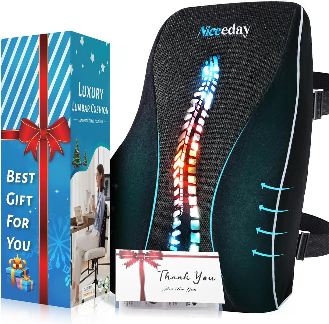 Lumbar Support Pillow for Office Chair Car, Gaming Chair Lower Back Pain Relief Memory Foam Cushion with Greeting Card,3D Mesh Cover Ergonomic Back Rest, Birthday Gift for Dad, Stocking Stuffers, Full Back Gift Box-17'*16'*5'