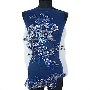 Fabric 3D Flowers Beads Patches Sequins Rhinestone Appliques Embroidery Lace Trims Mesh Sew On Patch for DIY Wedding Dress (Blue)
