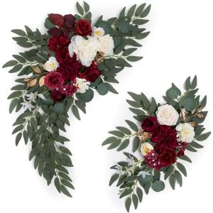 Artificial Flower Swag Wedding Arch Flowers Set of 2 Rose Flower Swag Arrangements for Wedding Party Welcome Ceremony Sign and Reception Backdrop Floral Decoration (red)