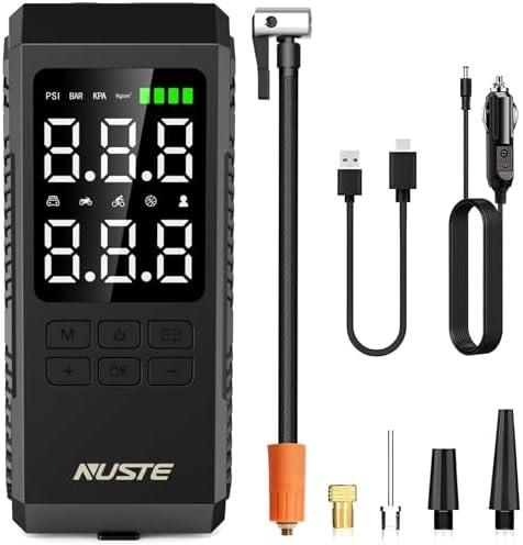 NUSTE Tire Inflator Portable Air Compressor, Air Pump for Car Tires with Digital Pressure Gauge, 150PSI Rechargeable Battery, LED Light, Cordless Bike Tire Pump for Car, Motorcycle, Bicycle