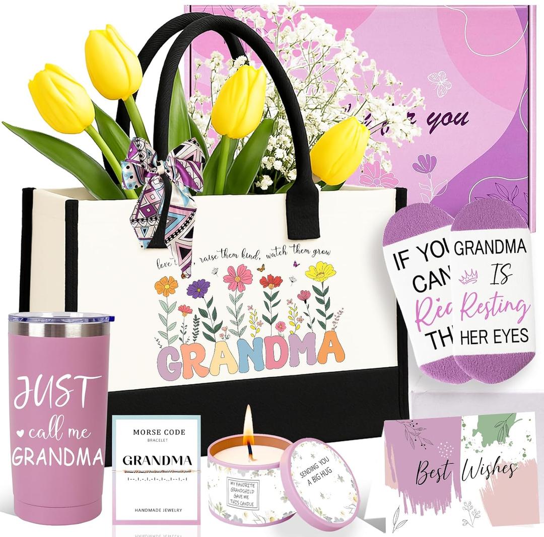 Fouvor Grandma Gifts,Birthday Gifts For Gigi,Great First Time Grandma Gifts Ideas Tote Bag Tumbler Candle Bracelet From Granddaughter Grandchildren Grandkids