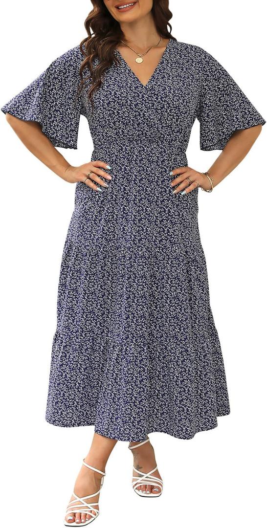 Plus Size Women Summer Boho Floral Tiered Midi Casual Dress with Pocket Short Sleeve V Neck(KEL6003, 18, Nblue White Fl)