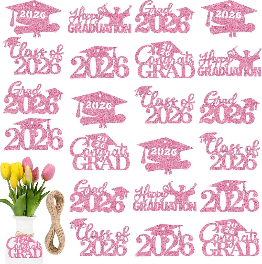 2026 Graduation Cutouts, 30Pcs Glitter Grad Cap 2026 Cutout Tags | Double Side 2026 Graduation Party Decorations, Class of 2026 Table Centerpiece, Congrats Grad Party Supplies Favors, Pink, 10 x 6 cm/3.9x 2.4 inches