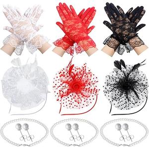 Moucuny 12 Pcs Fascinators Hat Set for Women Tea Party Accessories Tea Party Headband Lace Gloves Pearl Jewelry Set Cocktail Wedding