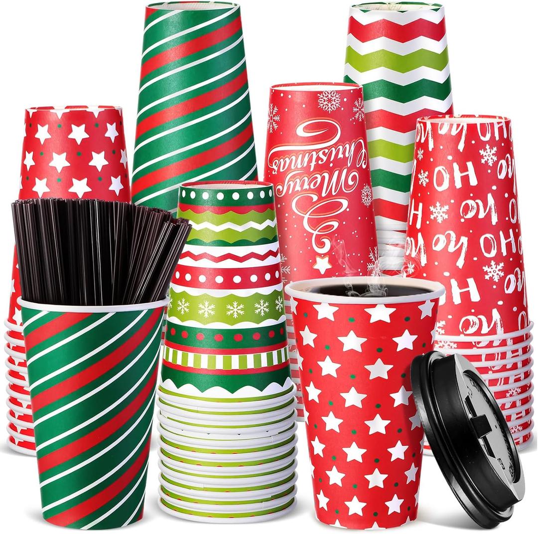 Umigy 60 Pack Christmas Paper Coffee Cups 16 oz Xmas Paper Hot Cup Coffee Cups Disposable with Lids and Stirrers Beverage Drinking Cup with 6 Designs for Juice Water Coffee Tea for Home Shops Cafes