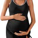 Summer Mae Ribbed Maternity One Piece Swim Dress Pregnancy Swimsuit with Built-in Bottom Swimwear Tie Knot Skirt Bathing Suit (16, Black)