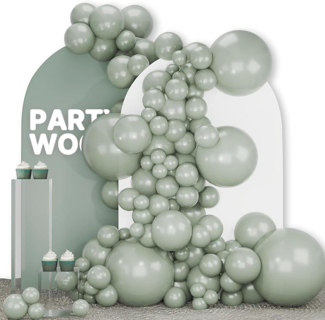 PartyWoo Dusty Green Balloons 140pcs Different Sizes Pack of 18 12 10 5 Inch Sage Olive Eucalyptus Green Boho Neutral Balloon Arch Kit for Jungle Woodland Theme Birthday Party Decorations Green-F59