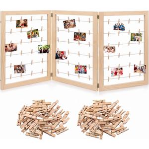 Geelin Photo Display Board with Clip, 3 Panel, Natural Wood, 54 x 24 Inch | Rustic Freestanding Picture Collage Frame, Farmhouse Photo Hanging Display, Christmas Card Display Stand, for Holiday Decor