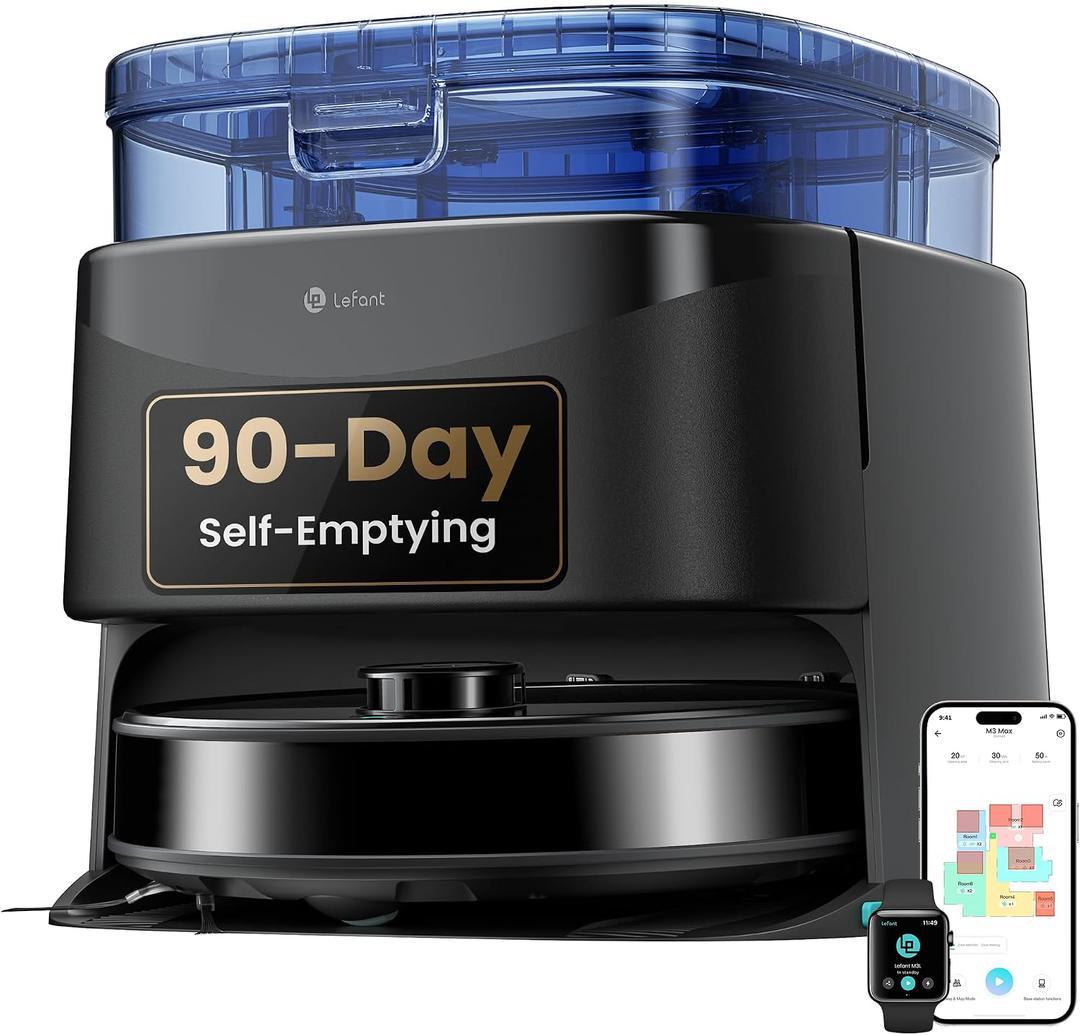 Lefant Robot Vacuum and Mop, 20000Pa Suction, 90-Day Self-Emptying, Obstacle Avoidance, Auto Mop Washing&Drying, All-in-One for Pet Hair Carpet, 5G WiFi Alexa/APP/iWatch Control, M3 Max