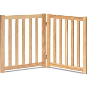 LZRS 2-Panel Wooden Free Standing Foldable Dog Gate Indoor Solid Hardwood 24" High, Step-Over Safety Pet Gate for Doorways, Stairs & Small Spaces - Indoor Use, Natural
