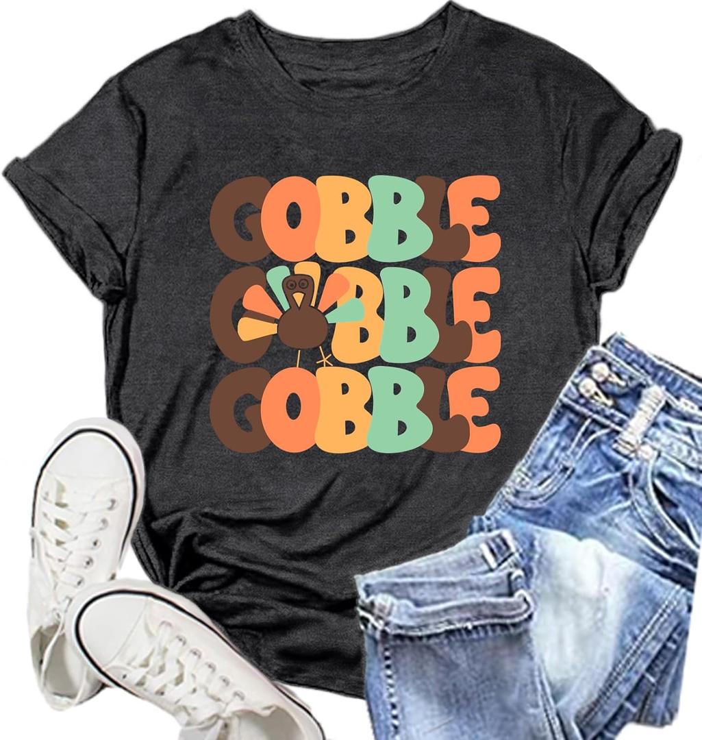 Thanksgiving Day Shirt for Women Gobble Turkey Tshirt Thanksgiving Tee Tops (Gray, M)