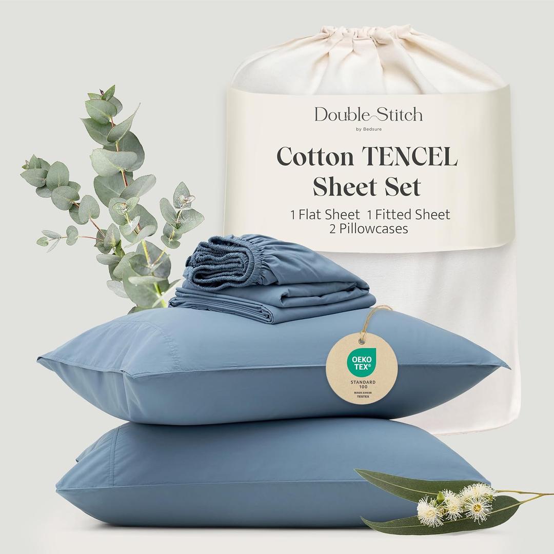 Double Stitch Cotton Tencel King Sheet Set - Crisp, Smooth & Cooling for Hot Sleepers, Hotel Collection Bedding Set, Bed Sheets King Size, Deep Pocket up to 16", Windward Blue