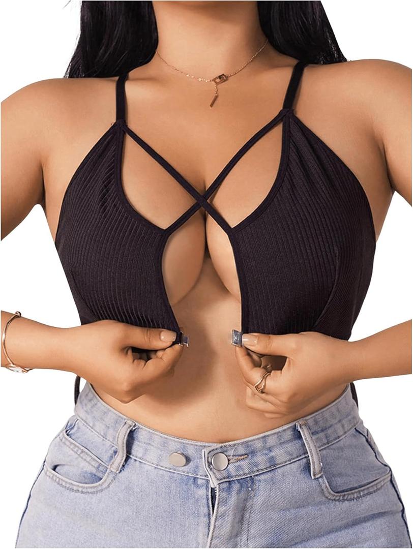 Women's Plus Size Criss Cross Front Closure Bra Cut Out Ribbed Knit Wireless Bralettes (XX-Large Plus, Black)