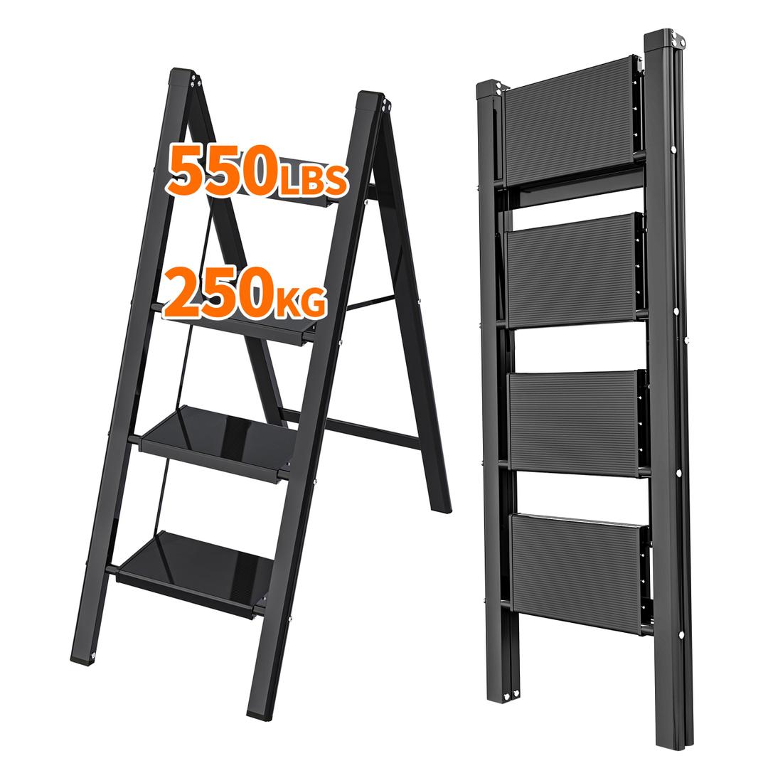 JOISCOPE 4 Step Aluminum Ladder, Lightweight Folding Step Stool for Adults With Wide Anti-Slip Pedal, 550 lbs Capacity Portable Sturdy Multi-Use for Home Kitchen Office, Space Saving, Black