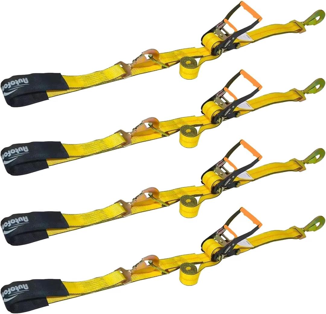 Heavy Duty Adjustable Car Tie Down Kit with Snap Hooks -Break Strength 10,000 lbs-Working Load 3333 lbs-2 Inch x 114 Inch - 4 Pack Axle Tie Down Straps (Yellow)