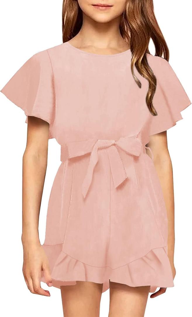 Girls Crew Neck Trim Short Sleeve High Waist Ruffle Jumpsuits With Belt (10-12 Years, Pink)