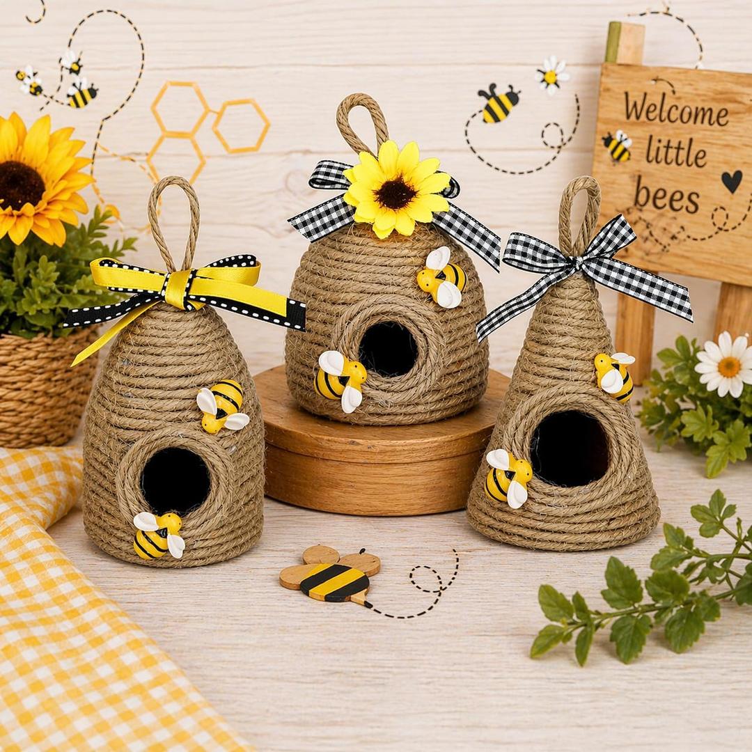 Bee Hive Decor,3 Pack Bumble Bee Rustic Hive,Natural Bee House, Bumble Bee Theme Party Decor Spring Summer Rustic Farmhouse Kitchecn Table Decorations, Honey Bee Tiered Tray Decoration