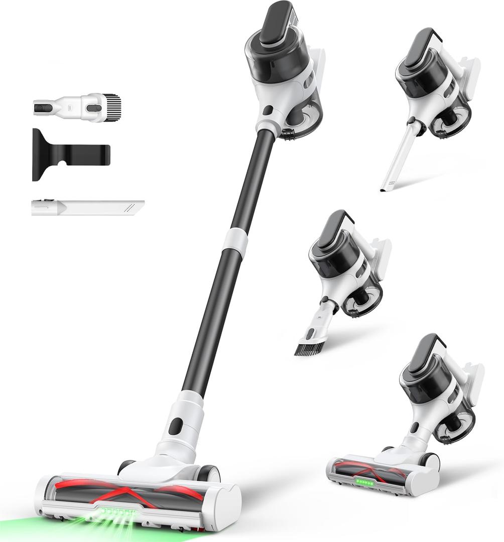 Cordless Stick Rechargeable Vacuum Cleaner, Lightweight, 55min Runtime, 9 in 1 Powerful Suction, Self Standing, Anti Tangle LED Headlight, Ideal for Carpets, Hardwood Floors, Pet Hair, and Home (Black & White)
