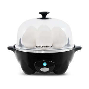 Elite Gourmet EGC-007B# Rapid Egg Cooker, 7 Easy-To-Peel, Hard, Medium, Soft Boiled Eggs, Poacher, Omelet Maker, Auto Shut-Off, Alarm, 16-Recipe Booklet, Black