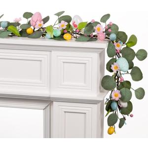 6 FT Pre-Lit Easter Garland with 20 LED Lights & Timer, Lighted Garlands Decorations for Stairs Fireplace Window Wall with Artificial Egg & Pip Berry, Eucalyptus Garland for Holiday Table Mantle Decor