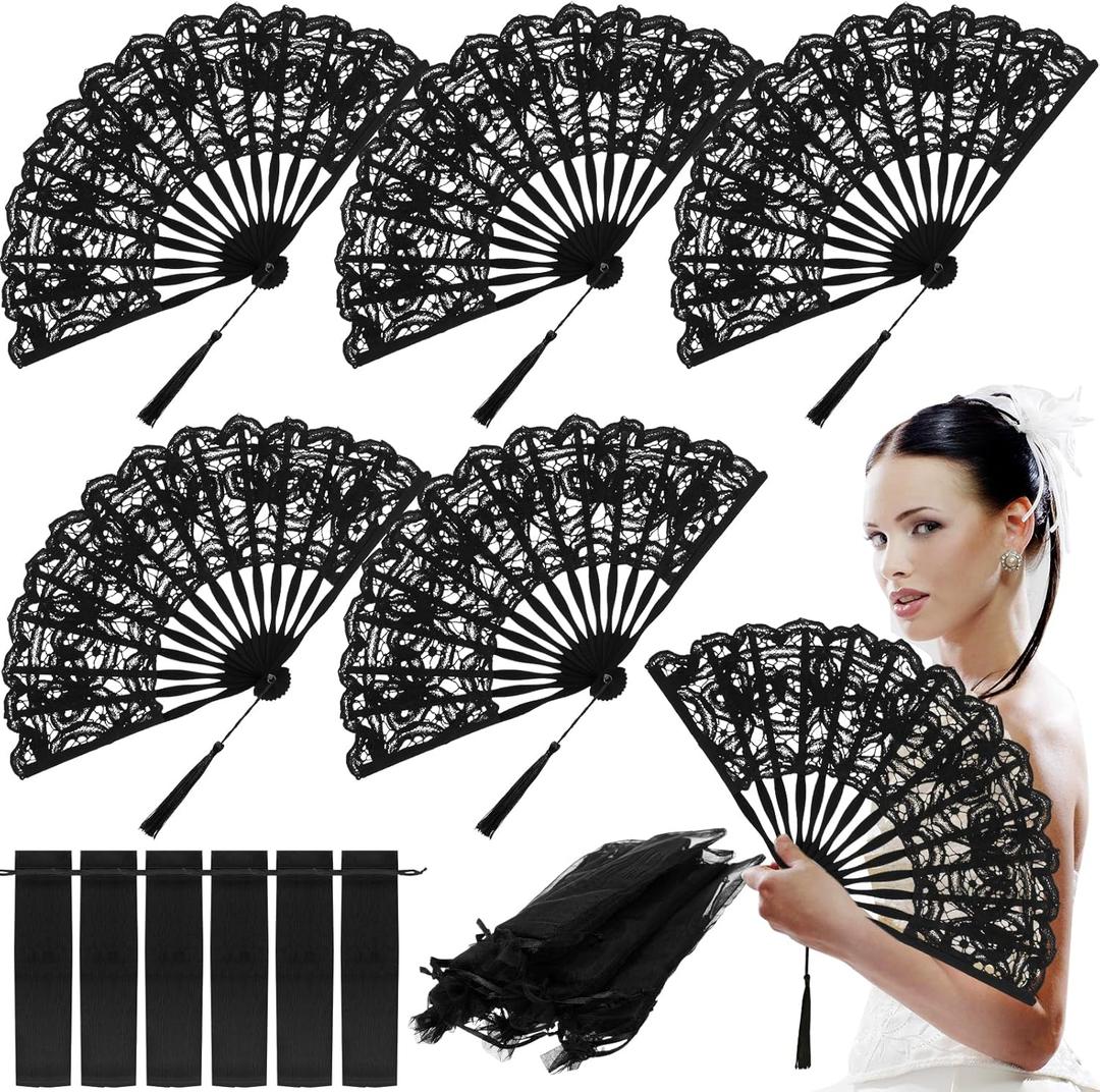 6 Pcs Lace Folding Handheld Fan for Wedding Cotton Embroidered Bridal Hand Fan with Bamboo Staves and Silk Tassels Vintage Retro for Guests Women Wedding Bridal Shower Party Favors (Black)