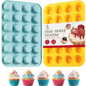 2PCS Silicone Mini Muffin Pan, 24 Cups Nonstick Mini Cupcake Pan for Baking, BPA Free and Dishwasher Safe, Great for Making Muffin Cakes, Tart, Bread and Egg Bites