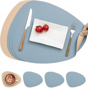 Myir JUN Placemats, Dual-Sided Placemats Waterproof Faux Leather Placemats Set of 4 Place Mats and Coasters Non-Slip Washable Table Mats for Dining Table (Camel Yellow Light Blue, Set of 4)