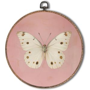 Tzhim Pink Vintage Butterfly Round Wall Art, Neutral Moody Butterfly Round Wall Decor Framed, Retro Moth Canvas Wall Sculptures for Home Bedroom Living Room Decor, 10x10 Inch (color_2)